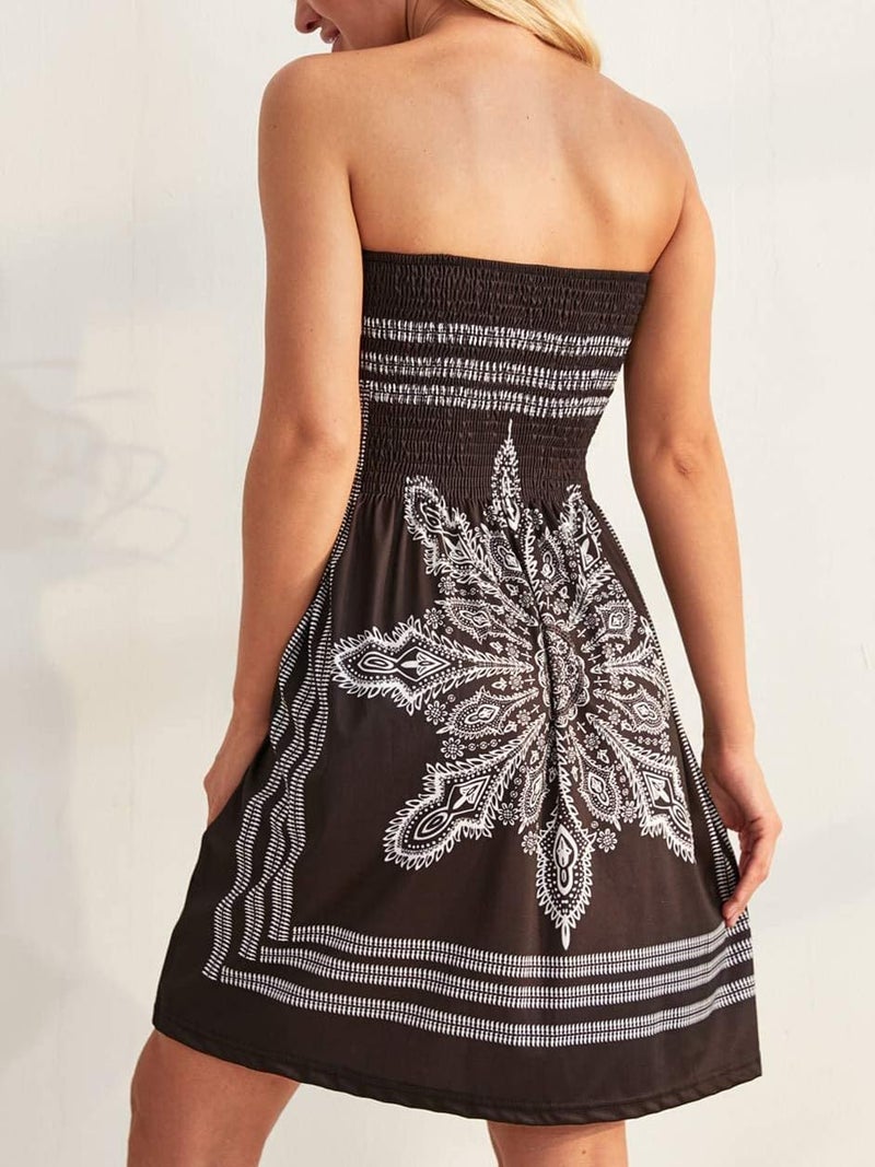 CHICGAL Women's Beach Dress Bohemian Strapless Floral Print Cover Up Dresses (Black,Medium) - Image 3